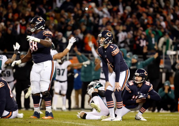 Chicago Bears kicker Cody Parkey (1) misses the potential game-winning kick on Jan. 6, 2019, in an NFC Wild Card playoff game at Soldier Field. The Bears lost to the Eagles, 16-15. (Brian Cassella/Chicago Tribune)