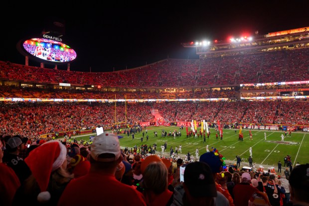 The Kansas City Chiefs prepare for introductions before their Christmas Day game against the Denver Broncos at GEHA Field at Arrowhead Stadium in Kansas City, Missouri, Dec. 25, 2025. (Reed Hoffmann/AP)