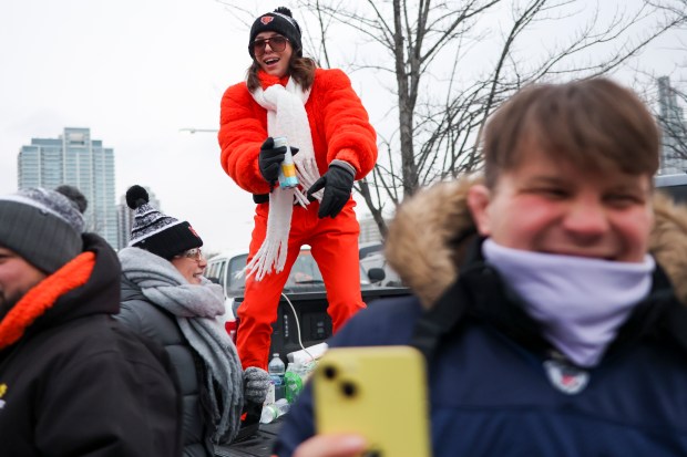 A Bears fan dances outside outside of Soldier Field before the Chicago Bears play the Los Angeles Rams in the NFC divisional playoff game on Jan. 18, 2026. (Eileen T. Meslar/Chicago Tribune)