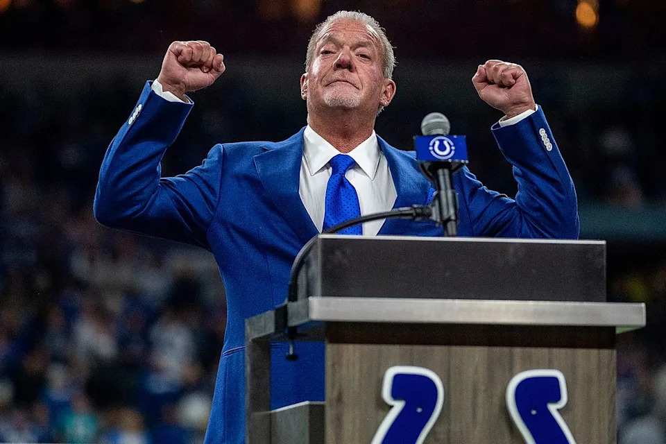 Bobby Ellis/Getty Jim Irsay during halftime of the Colts game at Lucas Oil Stadium on Nov. 10, 2019, in Indianapolis.