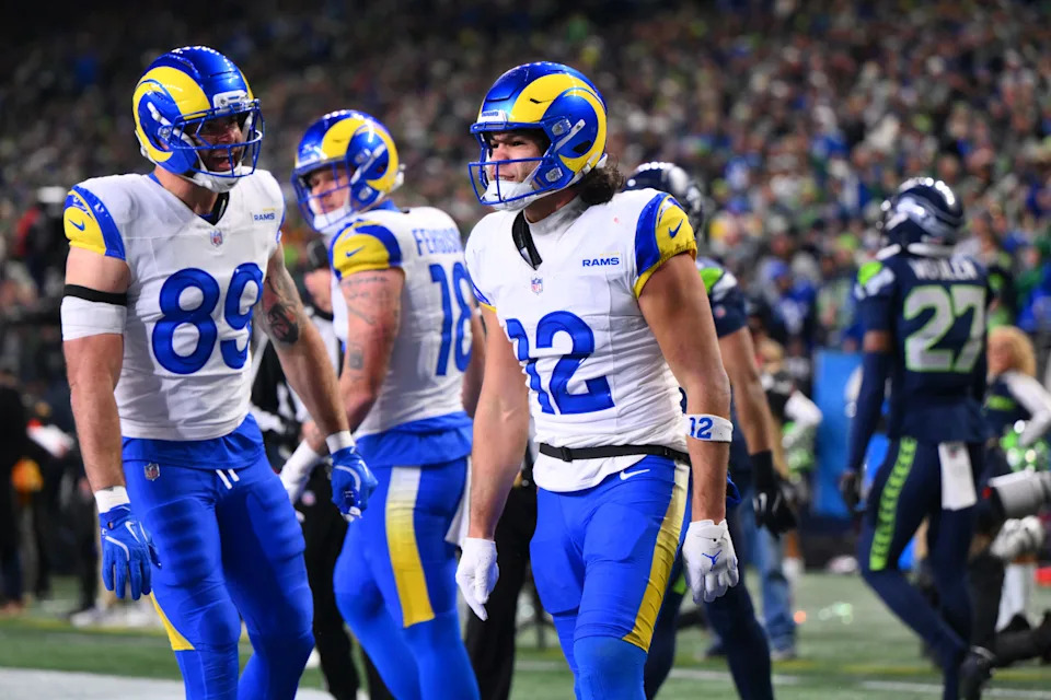 <p>Los Angeles Rams wide receiver Puka Nacua celebrates after a touchdown against the Seattle Seahawks during the second half in the 2026 NFC Championship Game. Mandatory Credit: Steven Bisig-Imagn Images</p>