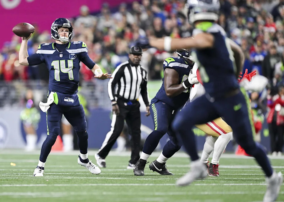 Seattle Seahawks quarterback Sam Darnold (14) throws the ball during the first quarter the NFC Divisional Round game against the San Francisco 49ers at Lumen Field, on Saturday, Jan. 17, 2026, in Seattle.