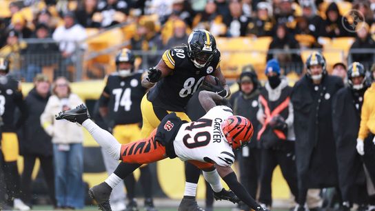 Steelers tight end Darnell Washington stiff arms a defender during  Pittsburgh's 34-12 win over the Cincinnati Bengals in Week 11 of the 2025 NFL Regular Season.