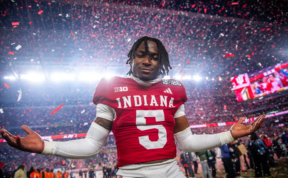 Indiana's D'Angelo Ponds (5) celebrates after the College Football Playoff National Championship college football game at Hard Rock Stadium in Miami Gardens on Monday, Jan. 19, 2026.