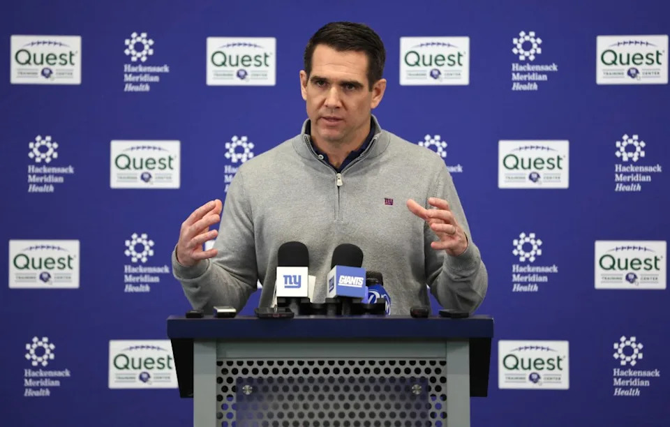 New York Giants GM Joe Schoen speaking to the media as the Giants players were cleaning out their lockers in East Rutherford, New Jersey. Charles Wenzelberg / New York Post