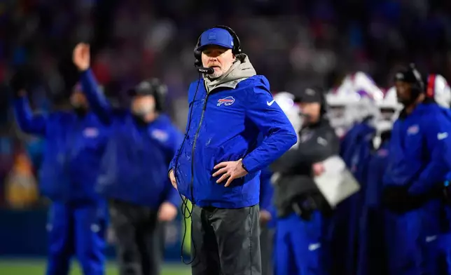 Buffalo Bills head coach Sean McDermott watches during the second half of an NFL football game against the Philadelphia Eagles, Sunday, Dec. 28, 2025, in Buffalo, N.Y. (AP Photo/Adrian Kraus)
