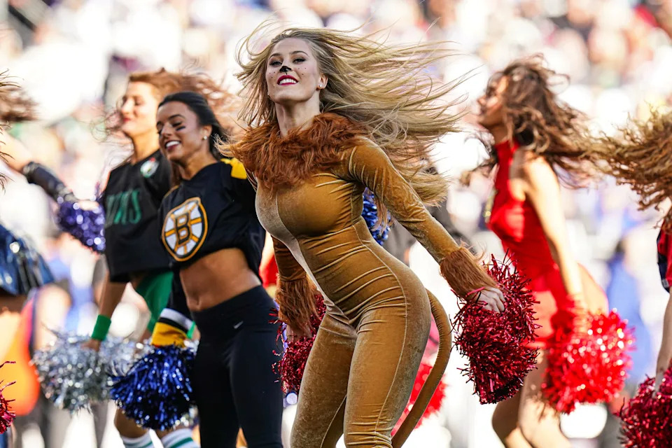 The New England Patriots cheerleaders perform during a break in the action against the New York Jets in the second half at Gillette Stadium.