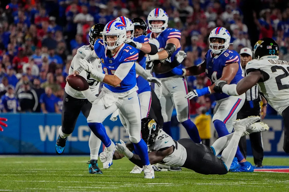 Sep 23, 2024; Orchard Park, New York, USA; Buffalo Bills quarterback Josh Allen (17) runs against the Jacksonville Jaguars during the first half at Highmark Stadium. Mandatory Credit: Gregory Fisher-Imagn Images