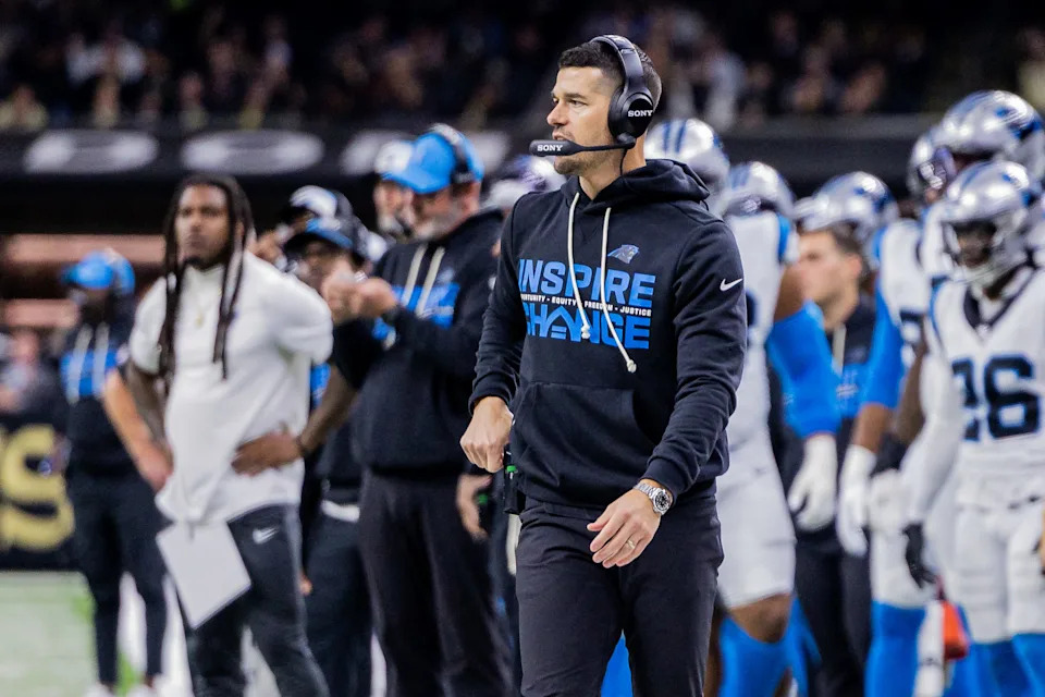 Dec 14, 2025; New Orleans, Louisiana, USA; Carolina Panthers head coach Dave Canales reacts on the sideline during the second quarter against the New Orleans Saints at Caesars Superdome. Mandatory Credit: Stephen Lew-Imagn Images
