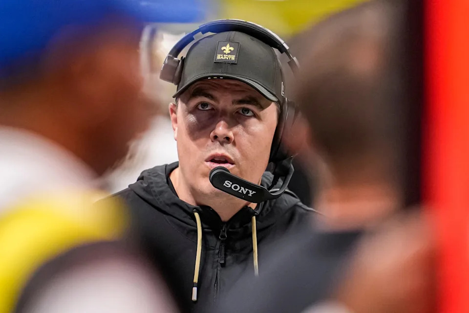 Jan 4, 2026; Atlanta, Georgia, USA; New Orleans Saints head coach Kellen Moore on the sidelines during the game against the Atlanta Falcons during the second half at Mercedes-Benz Stadium. Mandatory Credit: Dale Zanine-Imagn Images