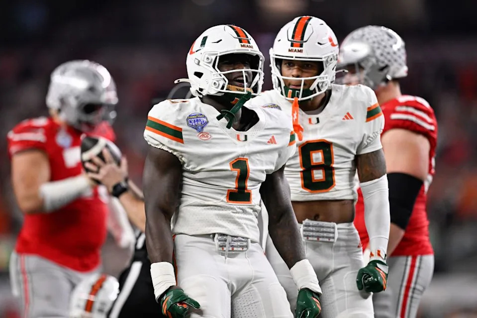 Mohamed Toure celebrates a defensive stop in the second quarter of Miami’s College Football playoff quarterfinal win over the Buckeyes during the 2025 Cotton Bowl. Jerome Miron-Imagn Images