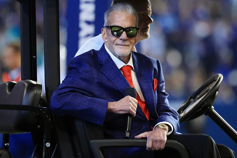 Justin Casterline/Getty Jim Irsay looks on during a Ring of Honor ceremony during halftime of a game against the Miami Dolphins at Lucas Oil Stadium on October 20, 2024 in Indianapolis, Indiana.