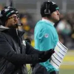 Miami Dolphins head coach Mike McDaniel reacts in the second quarter against the Pittsburgh Steelers at Acrisure Stadium on Dec 15, 2025.