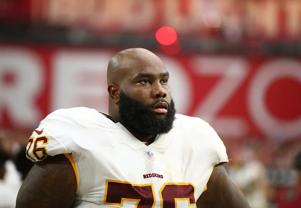 Sep 9, 2018; Glendale, AZ, USA; Washington Redskins offensive tackle Morgan Moses (76) against the Arizona Cardinals at State Farm Stadium. Mandatory Credit: Mark J. Rebilas-USA TODAY Sports