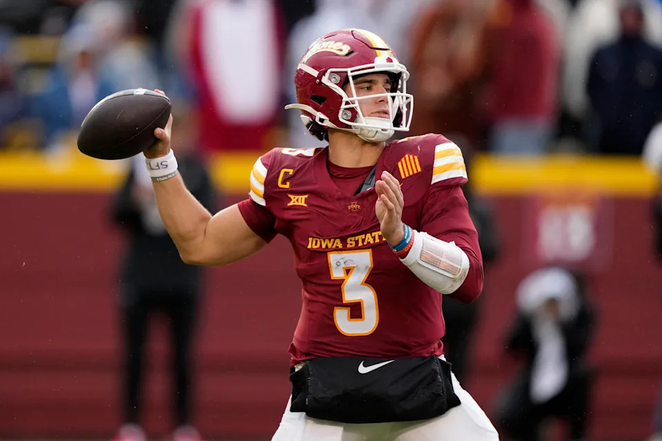 FILE - Iowa State quarterback Rocco Becht throws a pass during the second half of an NCAA college football game against Arizona State, Nov. 1, 2025, in Ames, Iowa. (AP Photo/Charlie Neibergall, File)