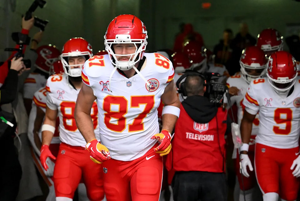 Dec 21, 2025; Nashville, Tennessee, USA; Kansas City Chiefs tight end Travis Kelce (87) takes the field before a game against the Tennessee Titans at Nissan Stadium. Mandatory Credit: Steve Roberts-Imagn Images