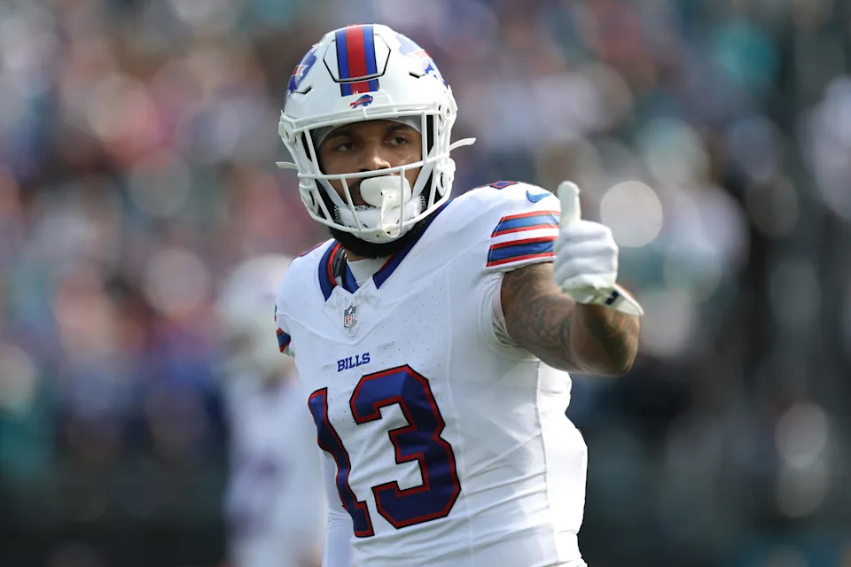 Buffalo Bills wide receiver Gabe Davis (13) gestures during the first half against the Jacksonville Jaguars in an AFC Wild Card Round game at EverBank Stadium. Mandatory Credit: Nathan Ray Seebeck-Imagn Images