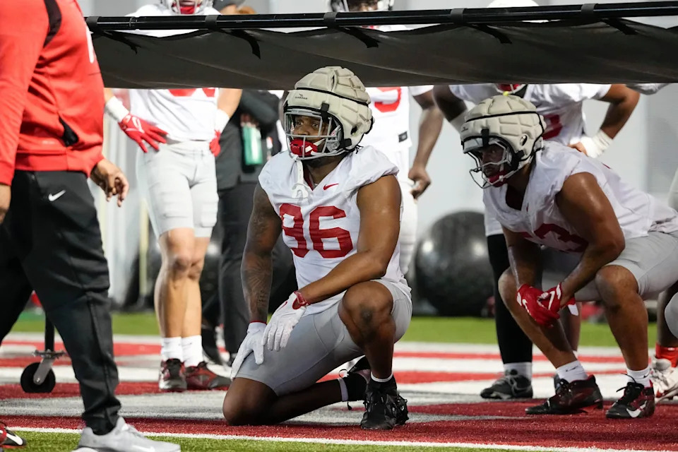 Ohio State Buckeyes defensive end Eddrick Houston (96) works out during spring football practice at the Woody Hayes Athletic Center on March 17, 2025.
