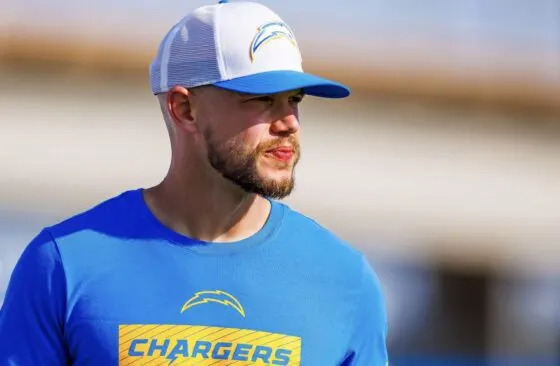Los Angeles Chargers new defensive coordinator Chris O'Leary looks to the right.