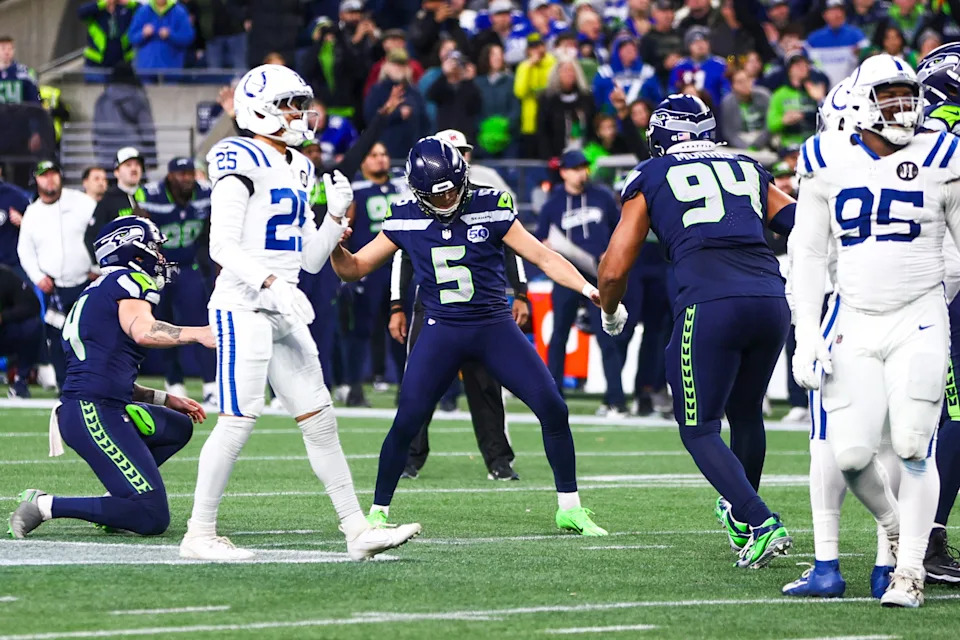 Seattle Seahawks' kicker Jason Myers reacts after making a field goal against the Indianapolis Colts.