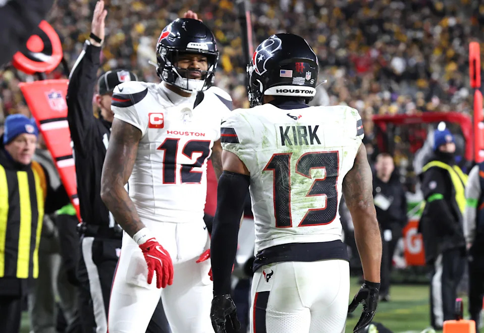 Jan 12, 2026; Pittsburgh, PA, USA; Houston Texans wide receiver Christian Kirk (13) celebrates a touchdown with wide receiver Nico Collins (12) against the Pittsburgh Steelers during the first half of an AFC Wild Card Round game at Acrisure Stadium. Mandatory Credit: Charles LeClaire-Imagn Images