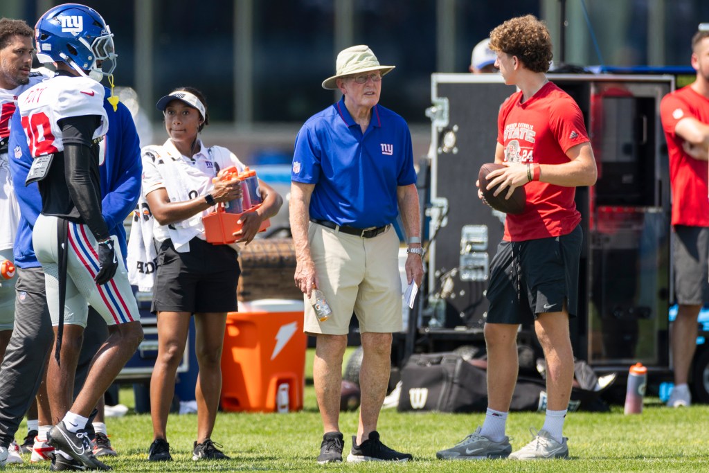 Tom Coughlin looks on during training camp at the Quest Diagnostics center, Tuesday, July 29, 2025, in East Rutherford, New Jersey. 