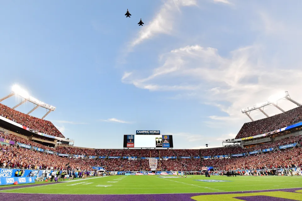 A general view of a flyby prior to a game between the Florida State Seminoles and the LSU Tigers at Camping World Stadium on September 03, 2023 in Orlando, Florida.