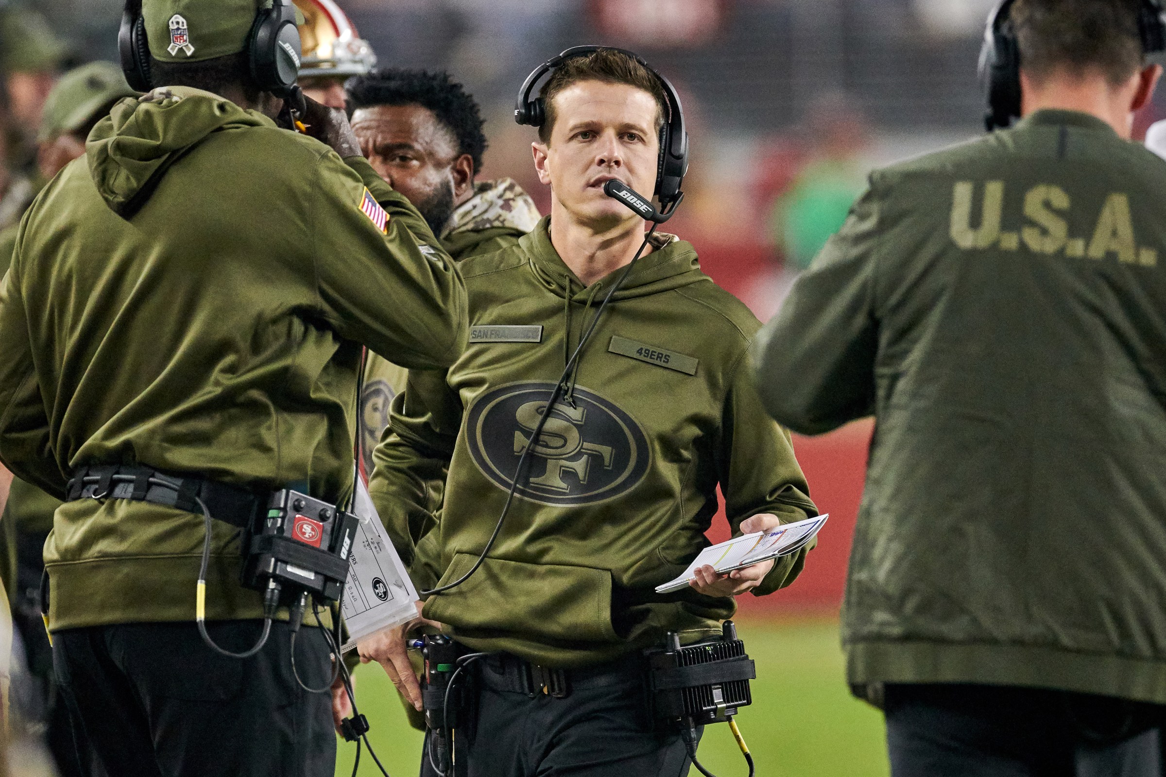 SANTA CLARA, CA - NOVEMBER 12: San Francisco 49ers wide receivers/passing game coordinator Mike LaFleur looks on during the NFL game between the New York Giants and the San Francisco 49ers on November 12, 2018 at Levi’s Stadium in Santa Clara, CA. (Photo by Robin Alam/Icon Sportswire via Getty Images)
