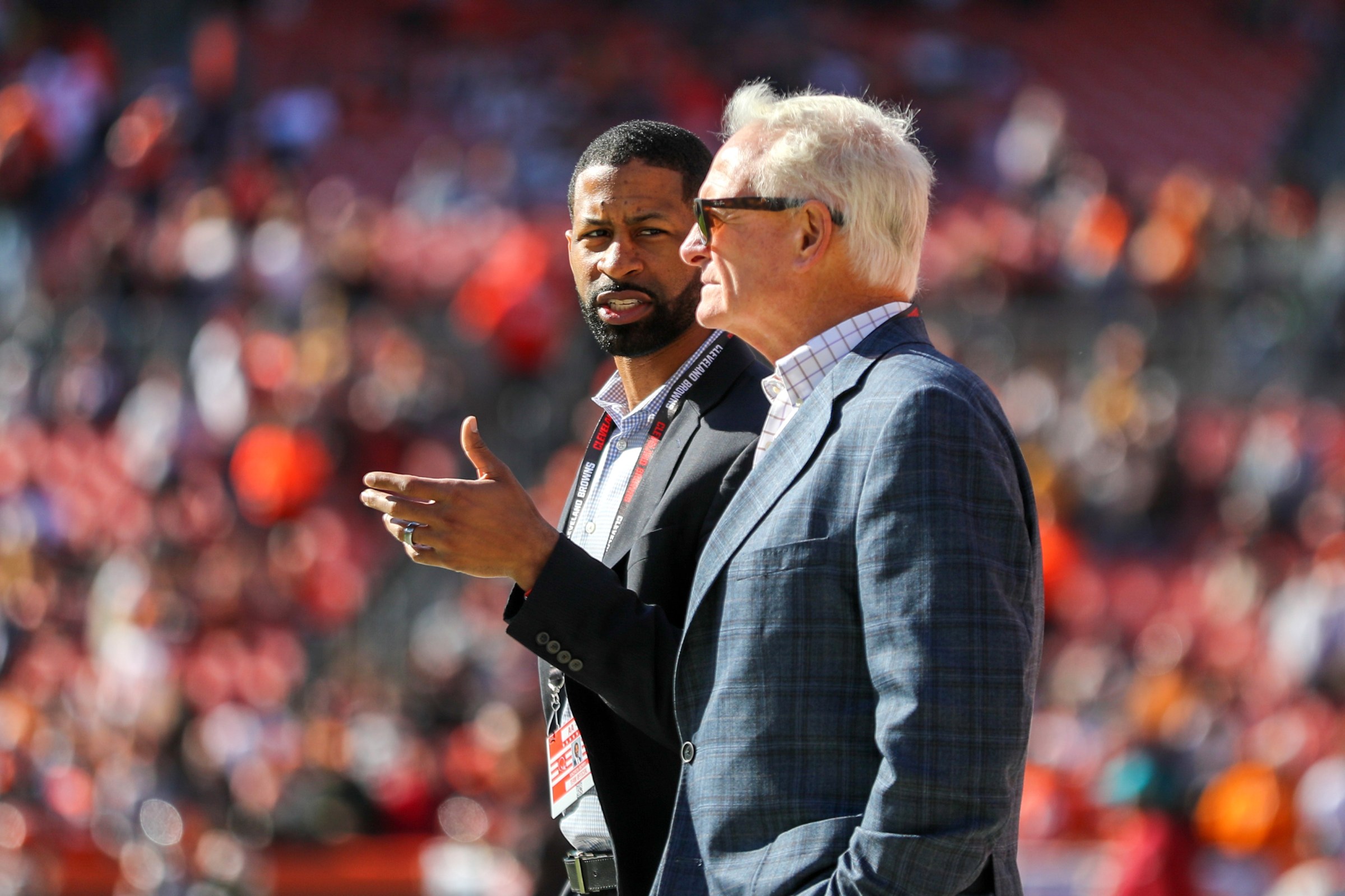 CLEVELAND, OH - OCTOBER 31: Cleveland Browns Genreal Manager Andrew Berry and Cleveland Browns owner Jimmy Haslam on the field prior to the National Football League game between the Pittsburgh Steelers and Cleveland Browns on October 31, 2021, at FirstEnergy Stadium in Cleveland, OH. (Photo by Frank Jansky/Icon Sportswire via Getty Images)