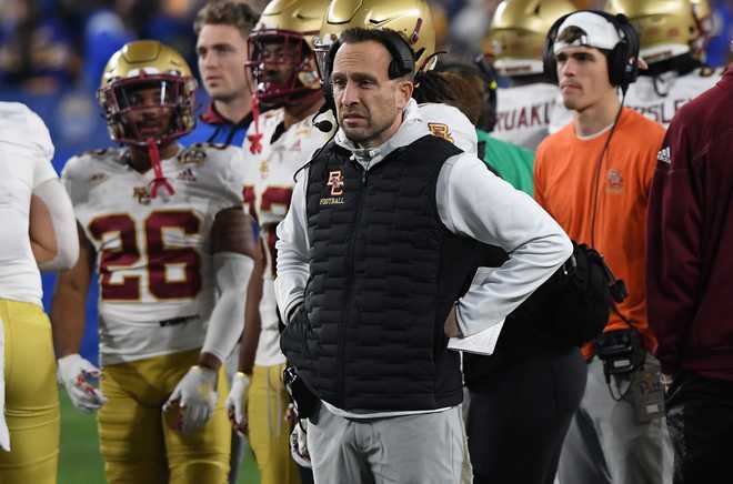 PITTSBURGH, PENNSYLVANIA - NOVEMBER 16: head coach Jeff Hafley of the Boston College Eagles watches a reply on the video board in the first half during the game against the Pittsburgh Panthers at Acrisure Stadium on November 16, 2023 in Pittsburgh, Pennsylvania. (Photo by Justin Berl/Getty Images)