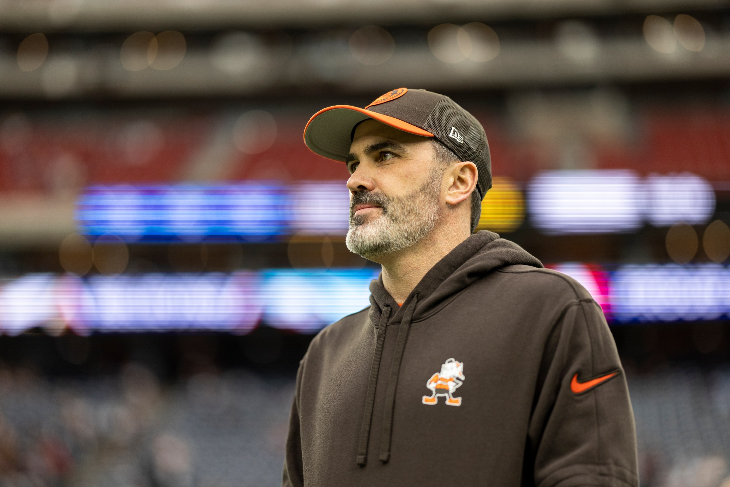 HOUSTON, TEXAS - JANUARY 13: Head coach Kevin Stefanski of the Cleveland Browns looks on prior to an NFL wild-card playoff football game between the Houston Texans and the Cleveland Browns at NRG Stadium on January 13, 2024 in Houston, Texas. (Photo by Michael Owens/Getty Images)