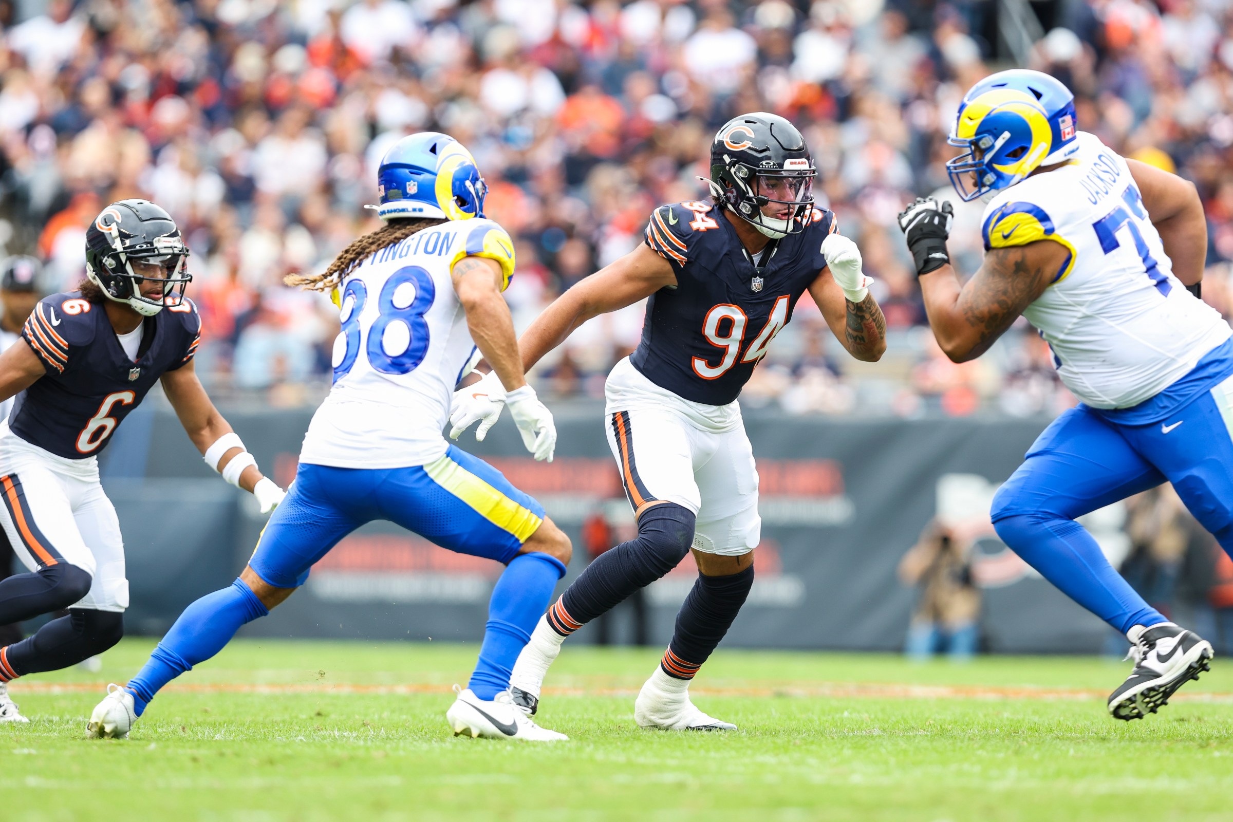 CHICAGO, IL - SEPTEMBER 29: Austin Booker #94 of the Chicago Bears runs a route during an NFL football game against the Los Angeles Rams at Solider Field on September 29, 2024 in Chicago, IL. (Photo by Perry Knotts/Getty Images)
