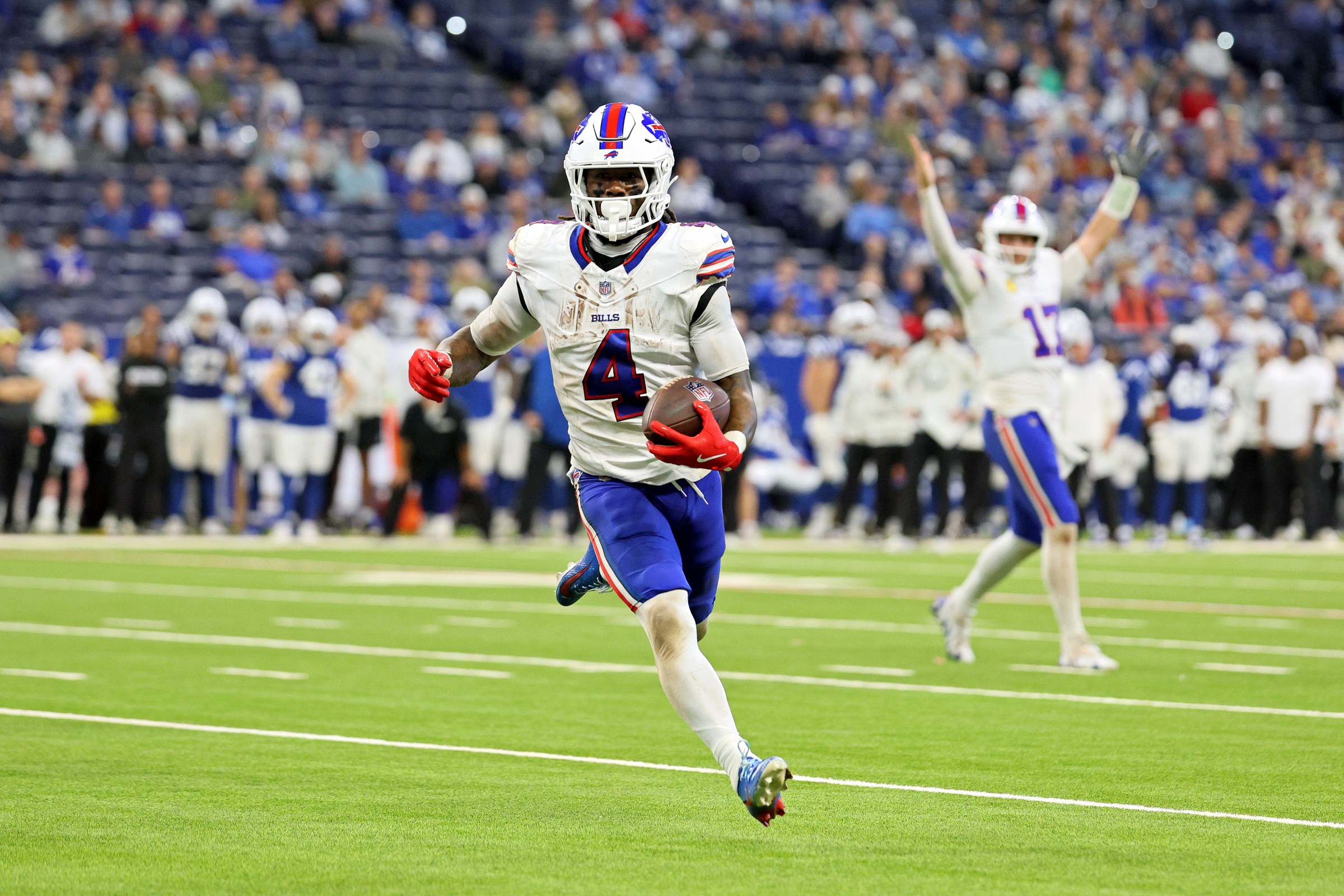 INDIANAPOLIS, INDIANA - NOVEMBER 10: James Cook #4 of the Buffalo Bills scores a rushing touchdown against the Indianapolis Colts during the fourth quarter at Lucas Oil Stadium on November 10, 2024 in Indianapolis, Indiana. (Photo by Andy Lyons/Getty Images)
