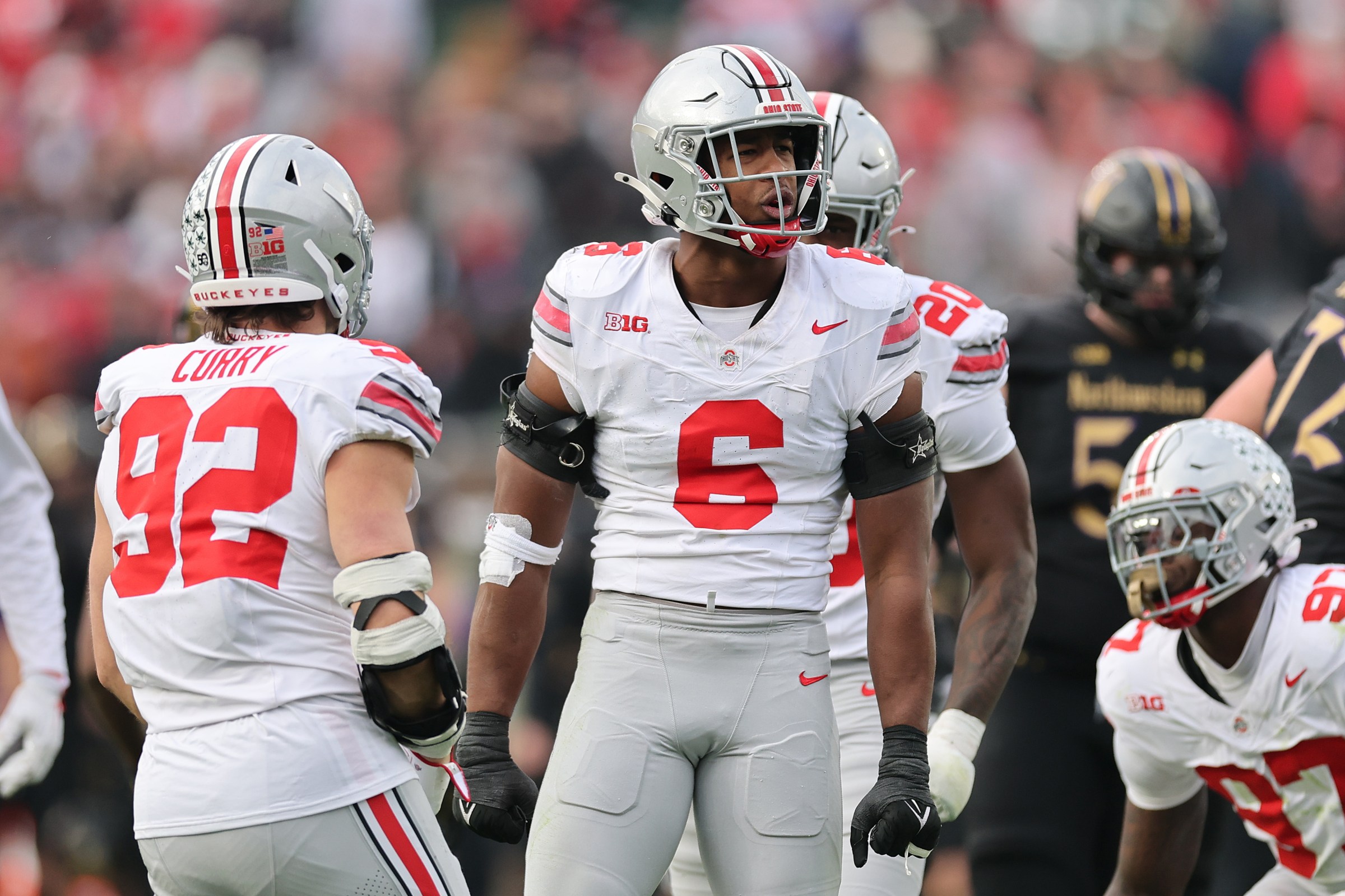 CHICAGO, ILLINOIS - NOVEMBER 16: Sonny Styles #6 of the Ohio State Buckeyes celebrates a sack against the Northwestern Wildcats during the second half at Wrigley Field on November 16, 2024 in Chicago, Illinois. (Photo by Michael Reaves/Getty Images)
