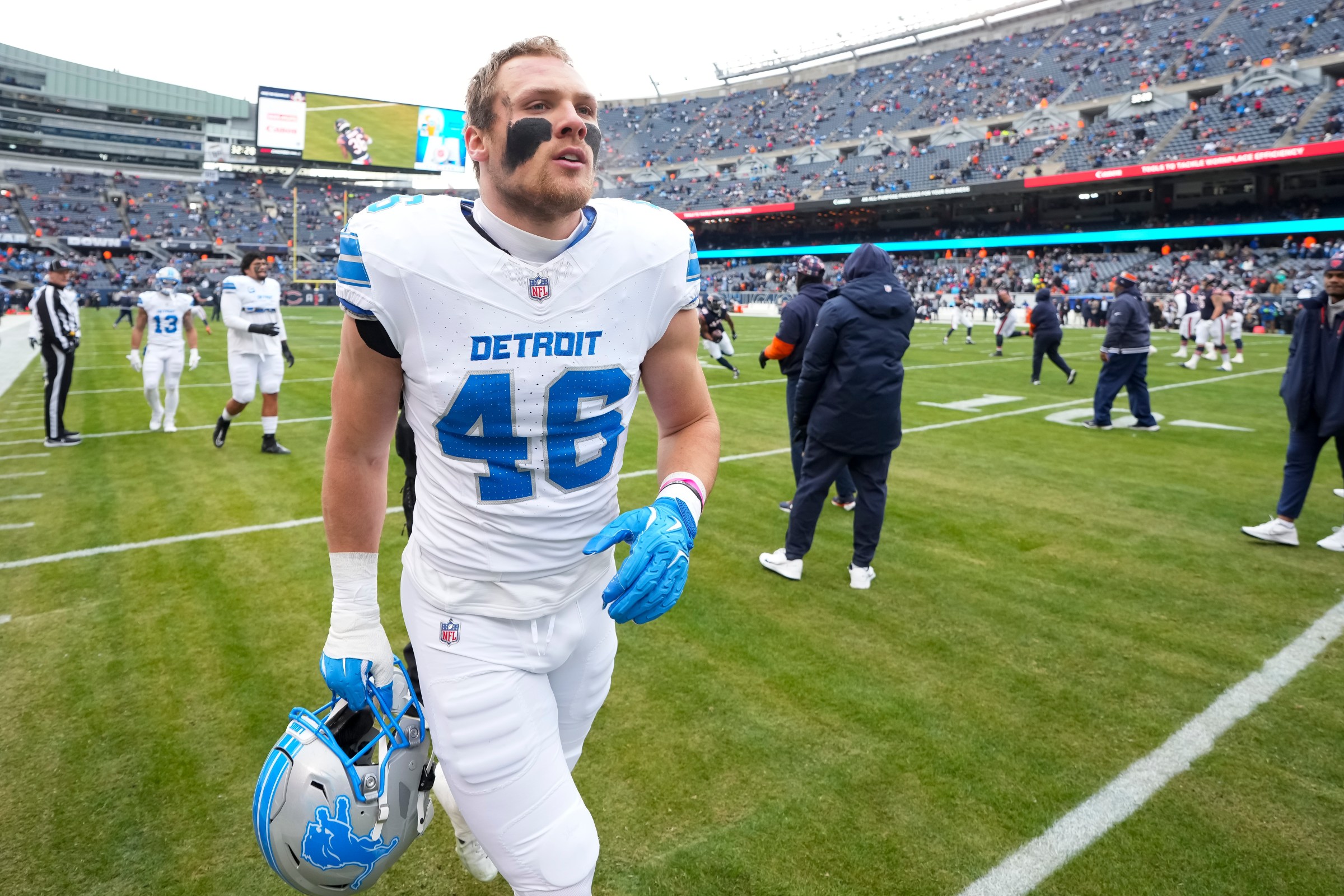 CHICAGO, ILLINOIS - DECEMBER 22: Linebacker Jack Campbell #46 of the Detroit Lions exits the field prior to an NFL football game against the Chicago Bears, at Soldier Field on December 22, 2024 in Chicago, Illinois. (Photo by Todd Rosenberg/Getty Images)