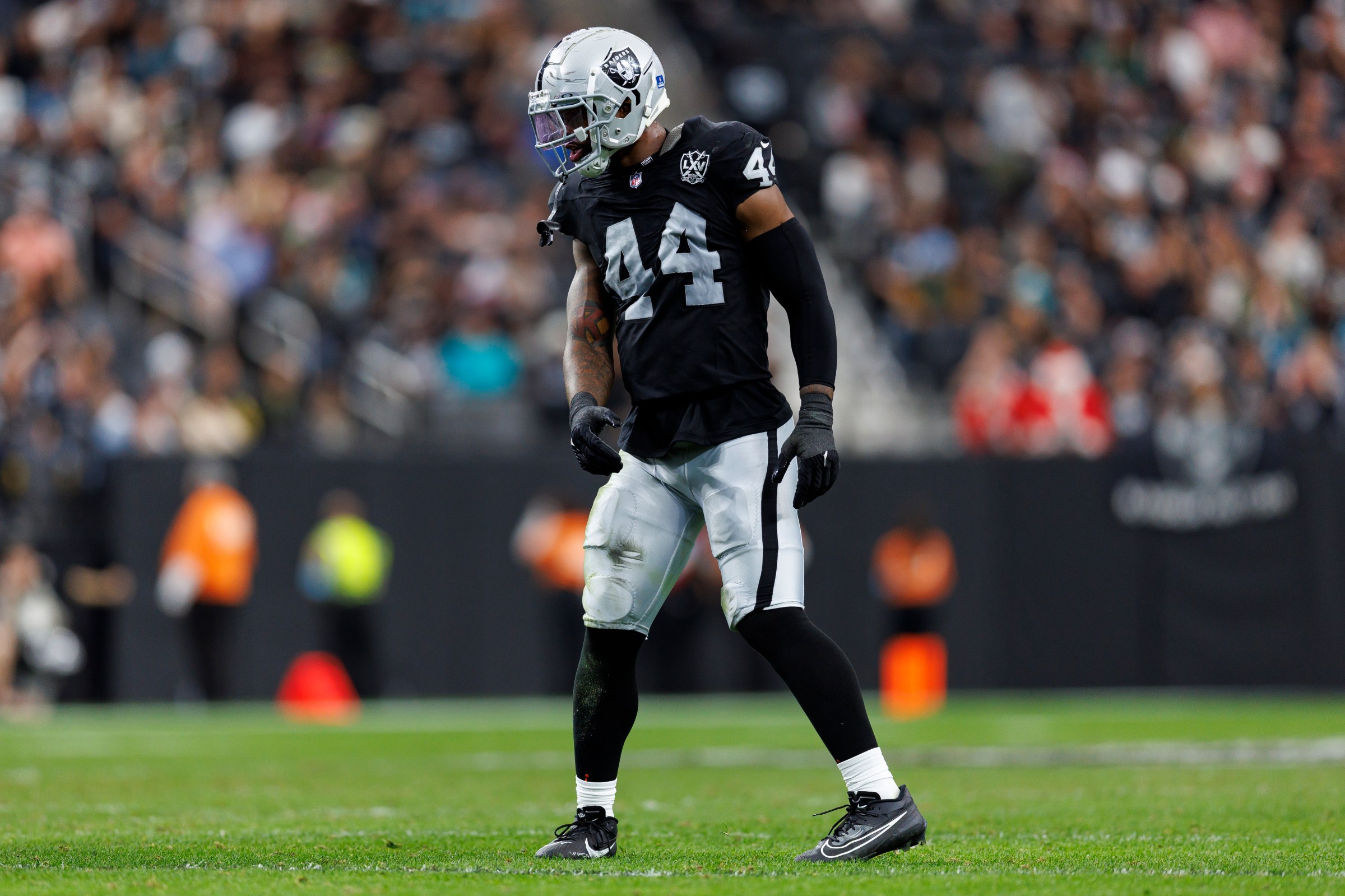 LAS VEGAS, NEVADA - DECEMBER 22: Defensive end K’Lavon Chaisson #44 of the Las Vegas Raiders gets set during an NFL football game against the Jacksonville Jaguars, at Allegiant Stadium on December 22, 2024 in Las Vegas, Nevada. (Photo by Brooke Sutton/Getty Images)