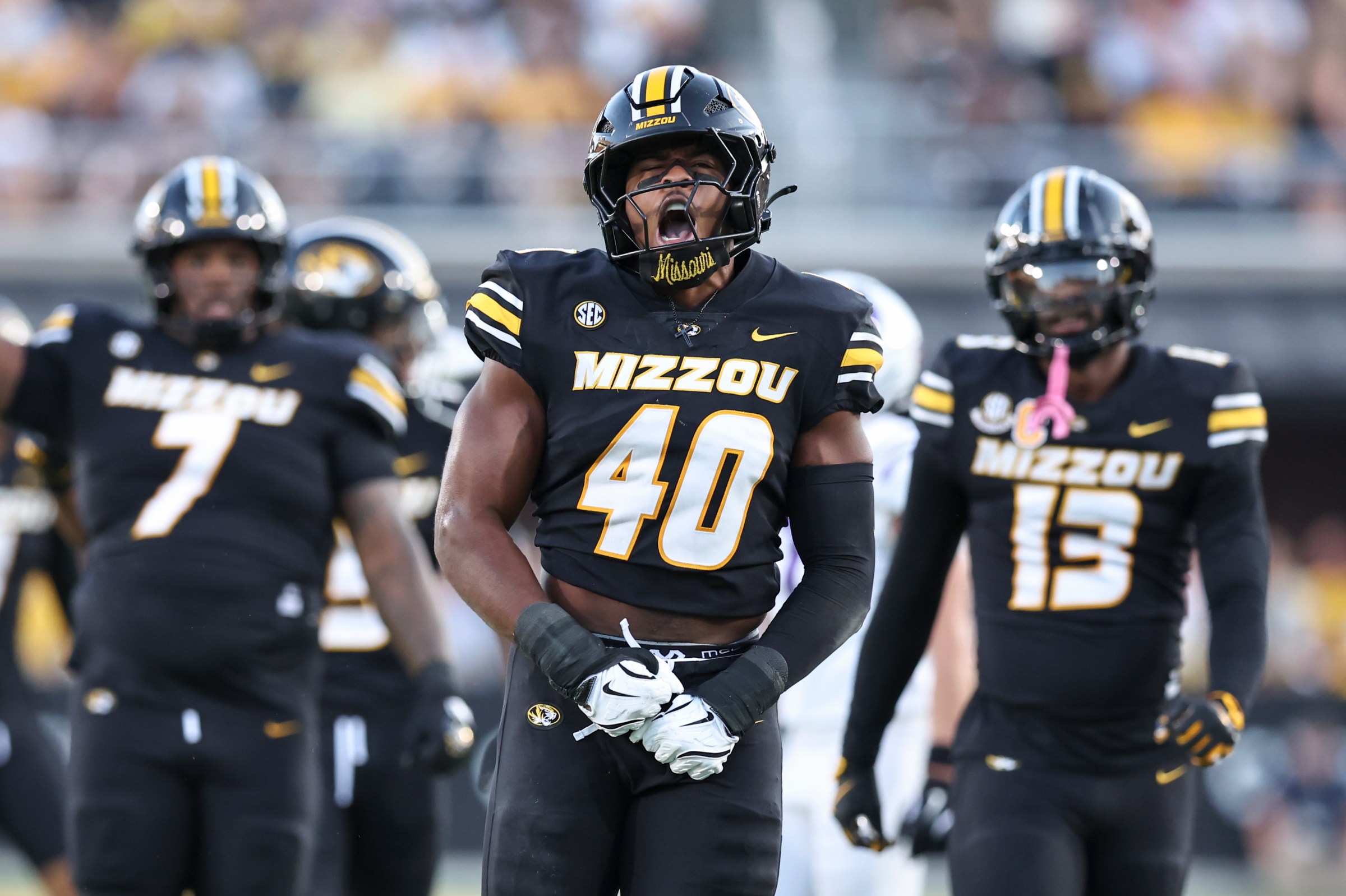 COLUMBIA, MO - AUGUST 28: Missouri Tigers linebacker Josiah Trotter (40) yells to celebrate a stop on third down in the first quarter of a college football game between the Central Arkansas Bears and Missouri Tigers on August 28, 2025 at Memorial Stadium in Columbia, MO. (Photo by Scott Winters/Icon Sportswire via Getty Images)