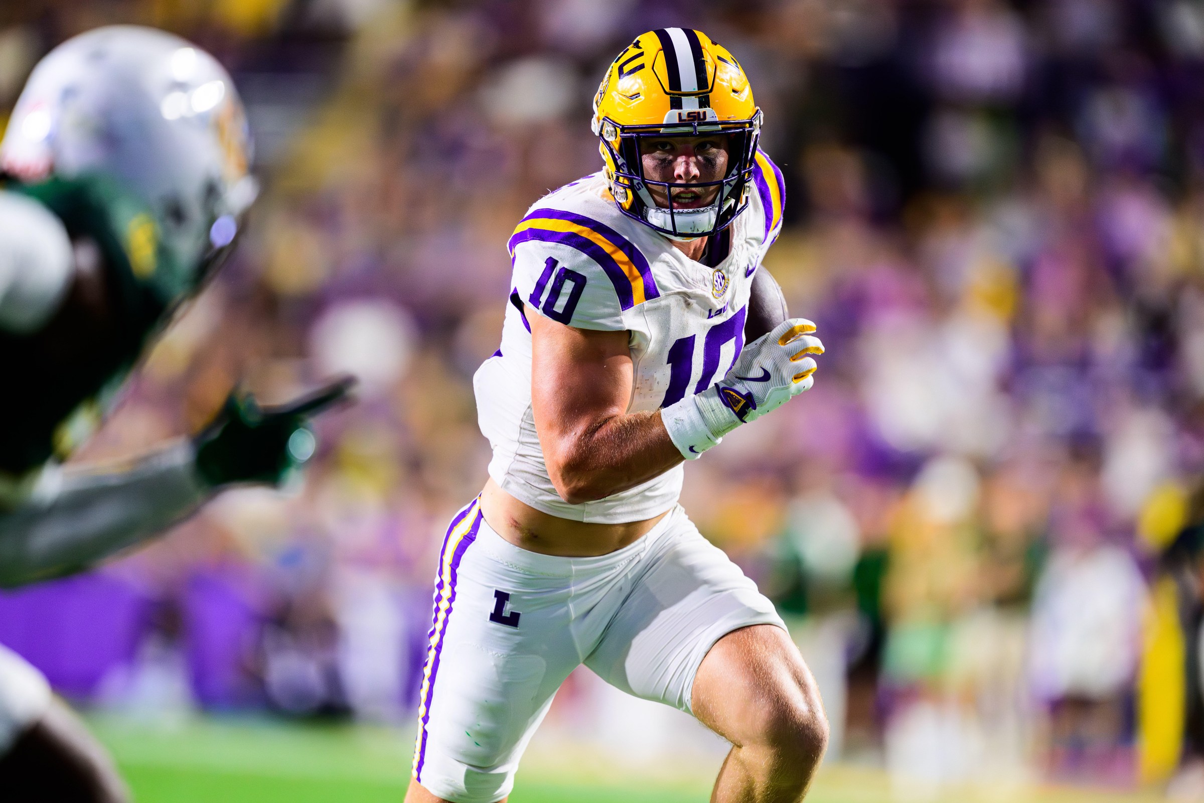 BATON ROUGE, LA - SEPTEMBER 20: Bauer Sharp #10 of the LSU Tigers in action against the Southeastern Louisiana Lions on September 20, 2025 at Tiger Stadium in Baton Rouge, Louisiana. (Photo by Gus Stark/LSU/University Images via Getty Images)