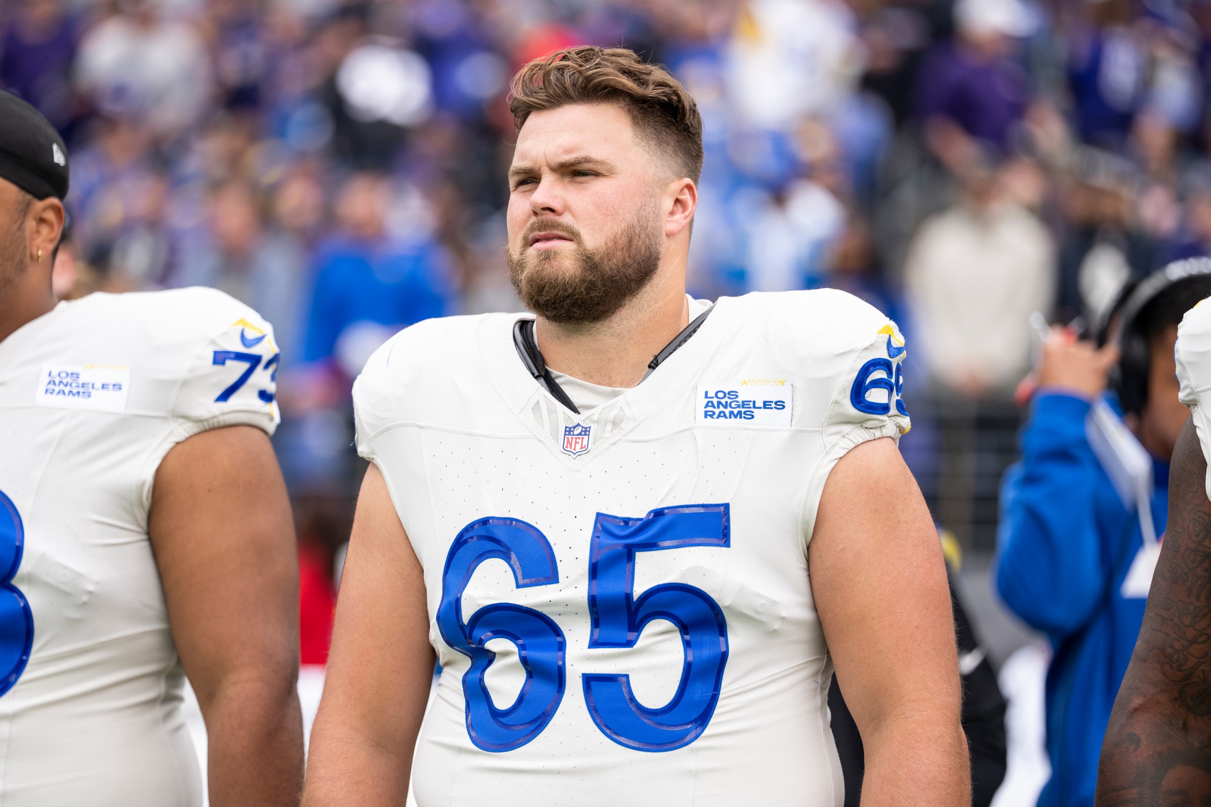 BALTIMORE, MARYLAND - OCTOBER 12: Coleman Shelton #65 of the Los Angeles Rams looks on during the national anthem prior to an NFL football game against the Baltimore Ravens at M&T Bank Stadium on October 12, 2025 in Baltimore, Maryland. (Photo by Michael Owens/Getty Images)