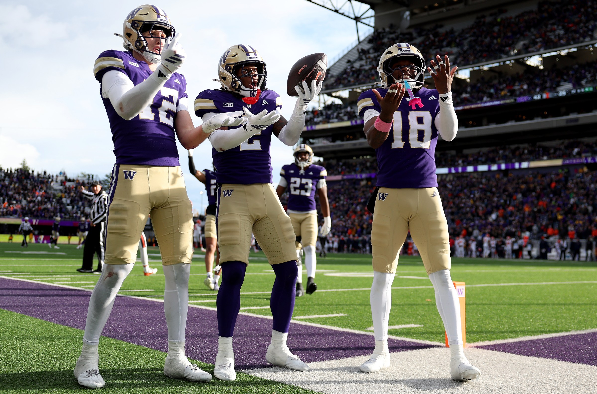 SEATTLE, WASHINGTON - OCTOBER 25: Rahshawn Clark #2 of the Washington Huskies celebrates his interception against the Illinois Fighting Illini during the second half at Husky Stadium on October 25, 2025 in Seattle, Washington. (Photo by Steph Chambers/Getty Images)