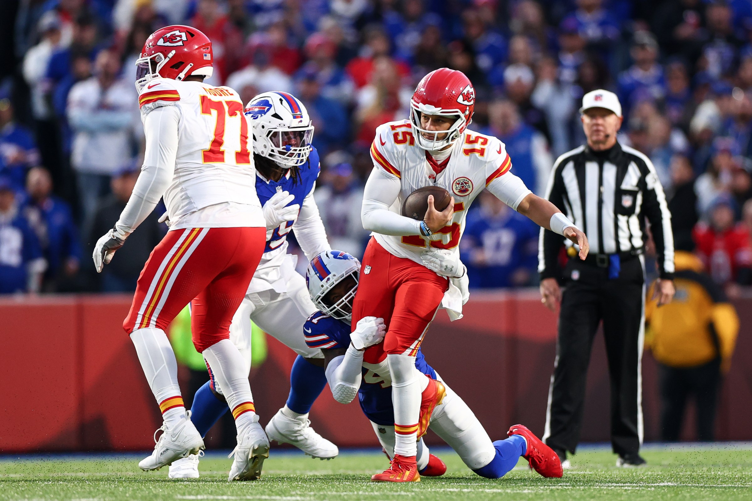 ORCHARD PARK, NEW YORK - NOVEMBER 2: Christian Benford #47 of the Buffalo Bills sacks Patrick Mahomes #15 of the Kansas City Chiefs during the second quarter at Highmark Stadium on November 2, 2025 in Orchard Park, New York. (Photo by Kevin Sabitus/Getty Images)