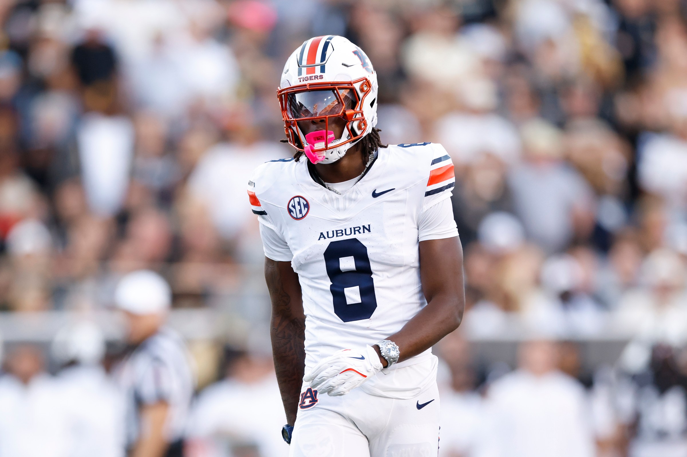 NASHVILLE, TENNESSEE - NOVEMBER 08: Cam Coleman #8 of the Auburn Tigers looks on during the first half of the game against the Vanderbilt Commodores at FirstBank Stadium on November 08, 2025 in Nashville, Tennessee. (Photo by Johnnie Izquierdo/Getty Images)
