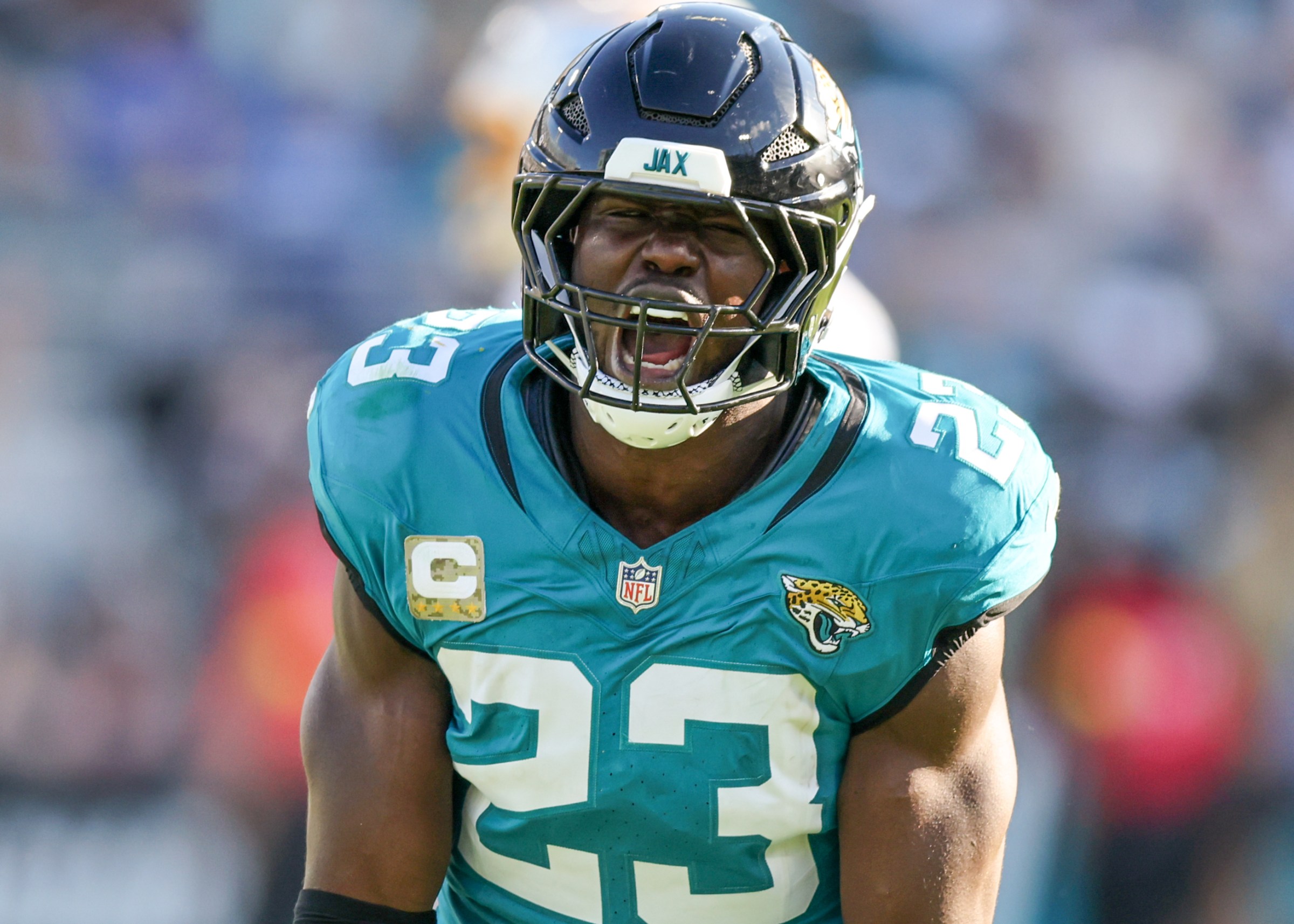 JACKSONVILLE, FLORIDA - NOVEMBER 16: Foye Oluokun #23 of the Jacksonville Jaguars celebrates a tackles against the Los Angeles Chargers at EverBank Field on November 16, 2025 in Jacksonville, Florida. (Photo by Mike Carlson/Getty Images)
