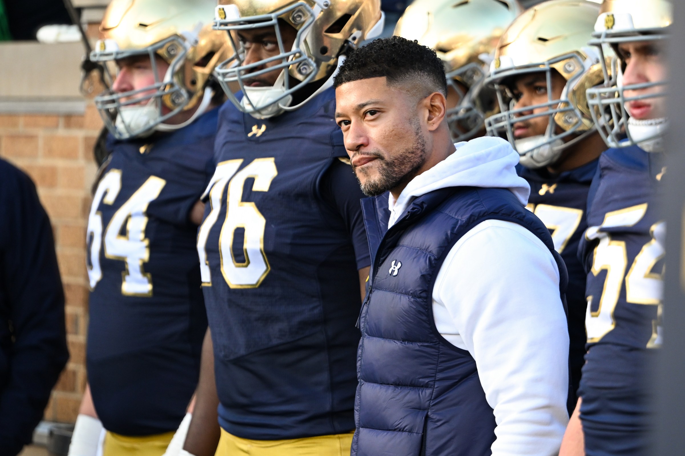 SOUTH BEND, IN - NOVEMBER 22: Notre Dame Fighting Irish head coach Marcus Freeman prior to a college football game between the Syracuse Orange and Notre Dame Fighting Irish on November 22, 2025 at Notre Dame Stadium in South Bend, IN. (Photo by James Black/Icon Sportswire via Getty Images)