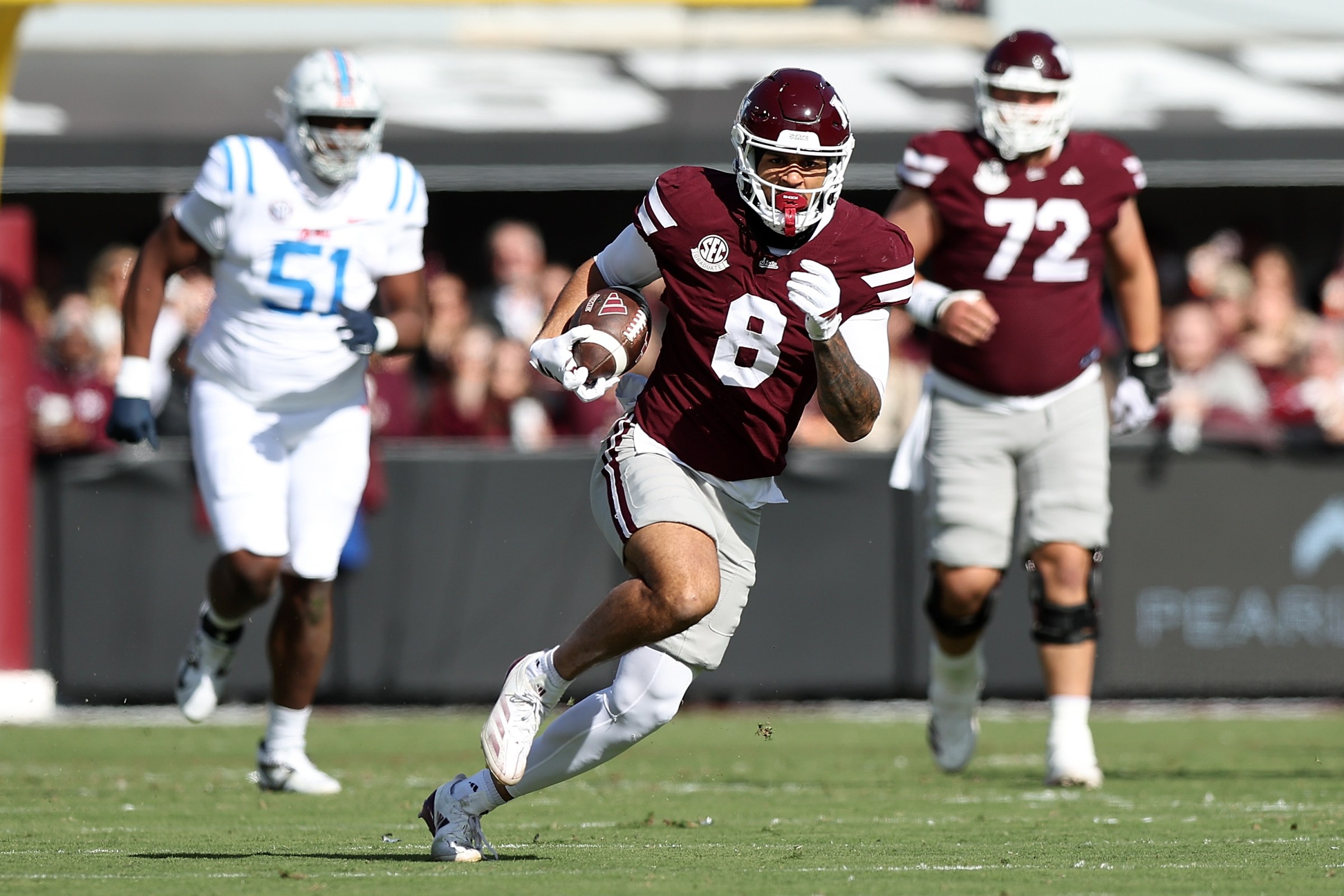 STARKVILLE, MISSISSIPPI - NOVEMBER 28: Seydou Traore #8 of the Mississippi State Bulldogs carries the ball during the game against the Mississippi Rebels at Davis Wade Stadium on November 28, 2025 in Starkville, Mississippi. (Photo by Justin Ford/Getty Images)
