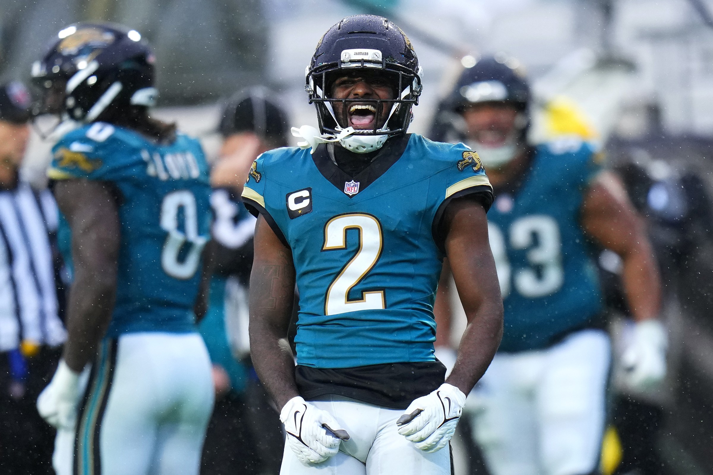 JACKSONVILLE, FLORIDA - DECEMBER 07: Jourdan Lewis #2 of the Jacksonville Jaguars reacts after a play against the Indianapolis Colts during the fourth quarter at EverBank Stadium on December 07, 2025 in Jacksonville, Florida. (Photo by Rich Storry/Getty Images)