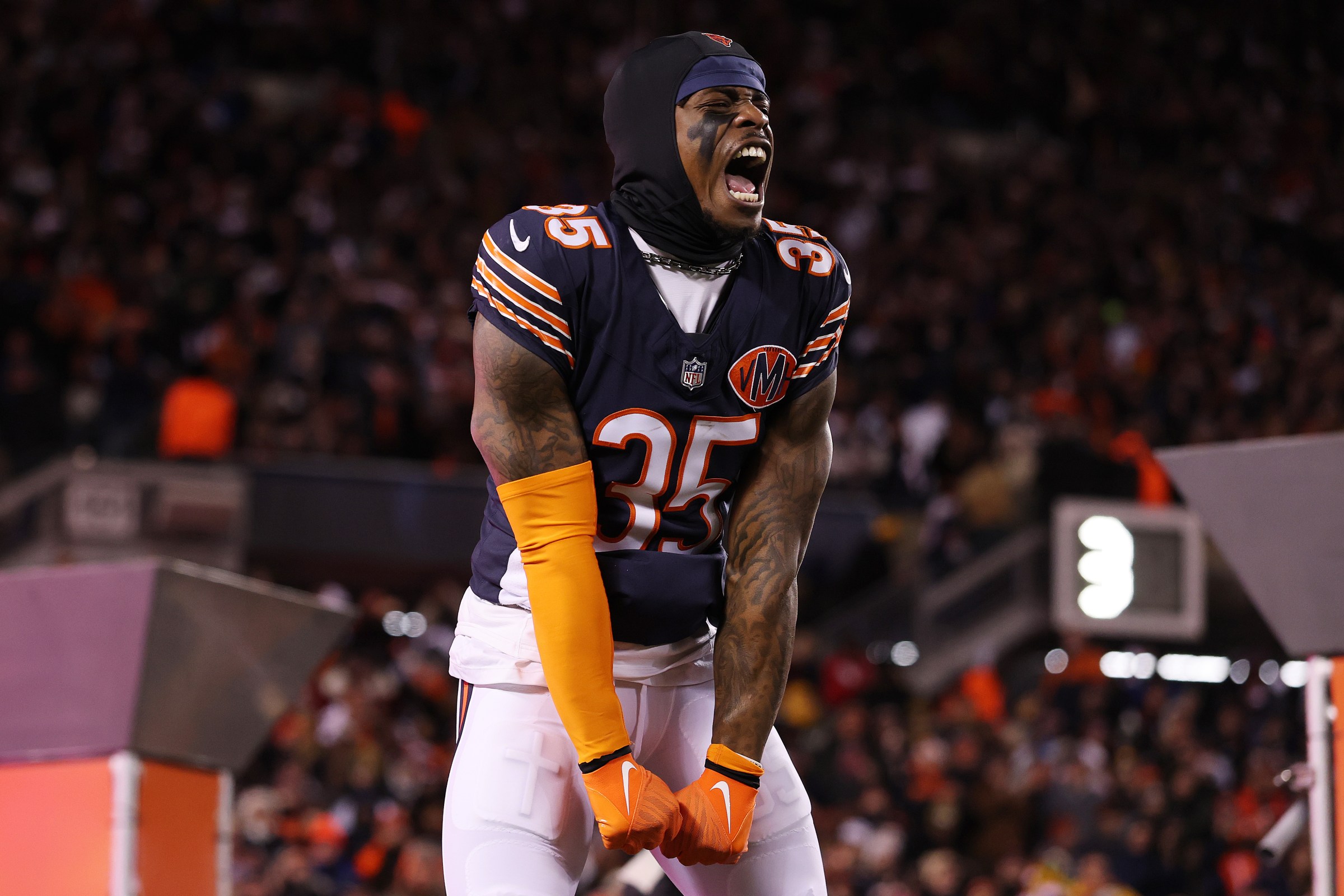 CHICAGO, ILLINOIS - DECEMBER 20: C.J. Gardner-Johnson #35 of the Chicago Bears runs on to the field prior to the game against the Green Bay Packers at Soldier Field on December 20, 2025 in Chicago, Illinois. (Photo by Michael Reaves/Getty Images)