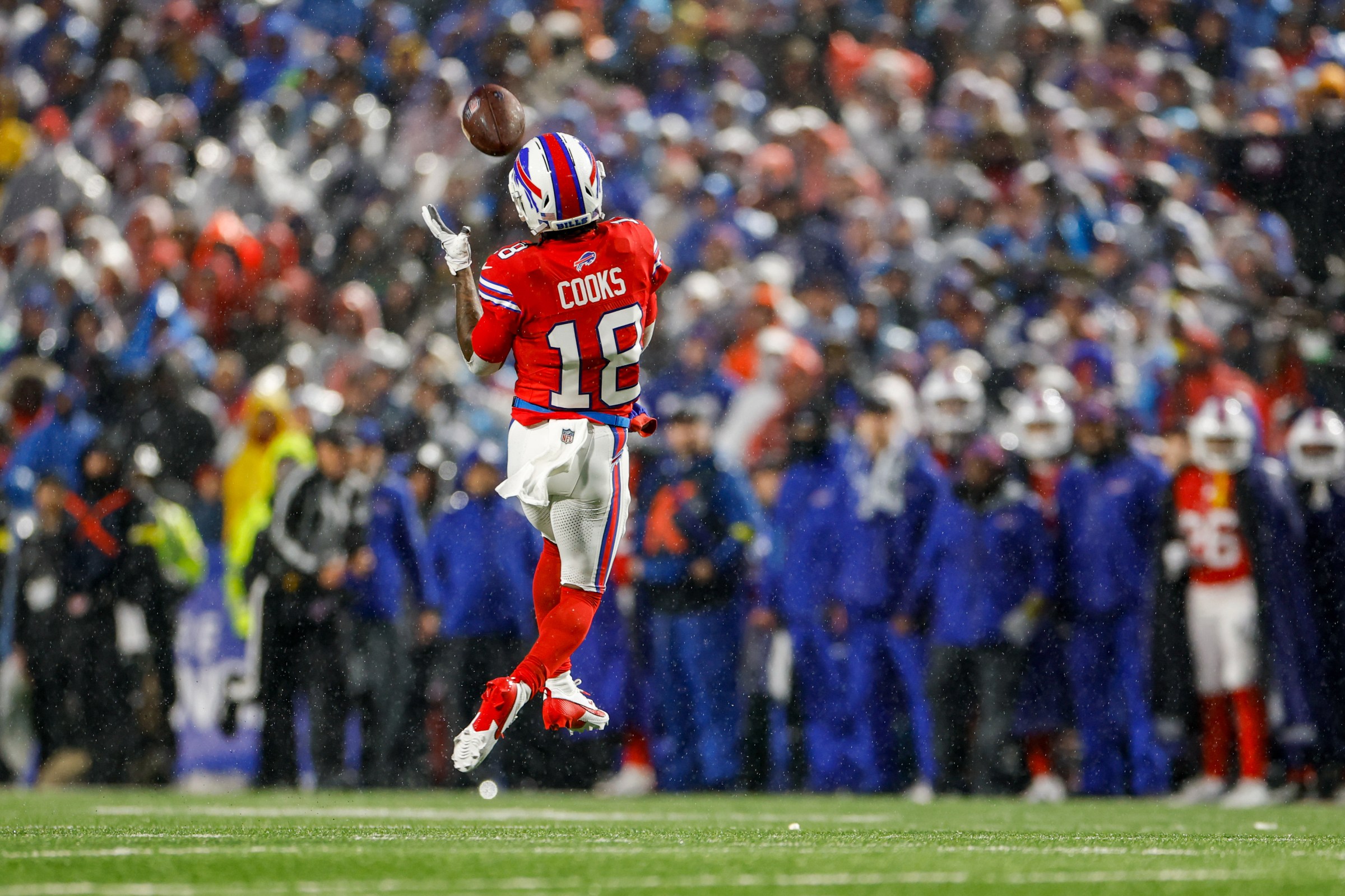 ORCHARD PARK, NEW YORK - DECEMBER 28: Brandin Cooks #18 of the Buffalo Bills catches a pass during the first quarter of the game against the Philadelphia Eagles at Highmark Stadium on December 28, 2025 in Orchard Park, New York. (Photo by Lauren Leigh Bacho/Getty Images)