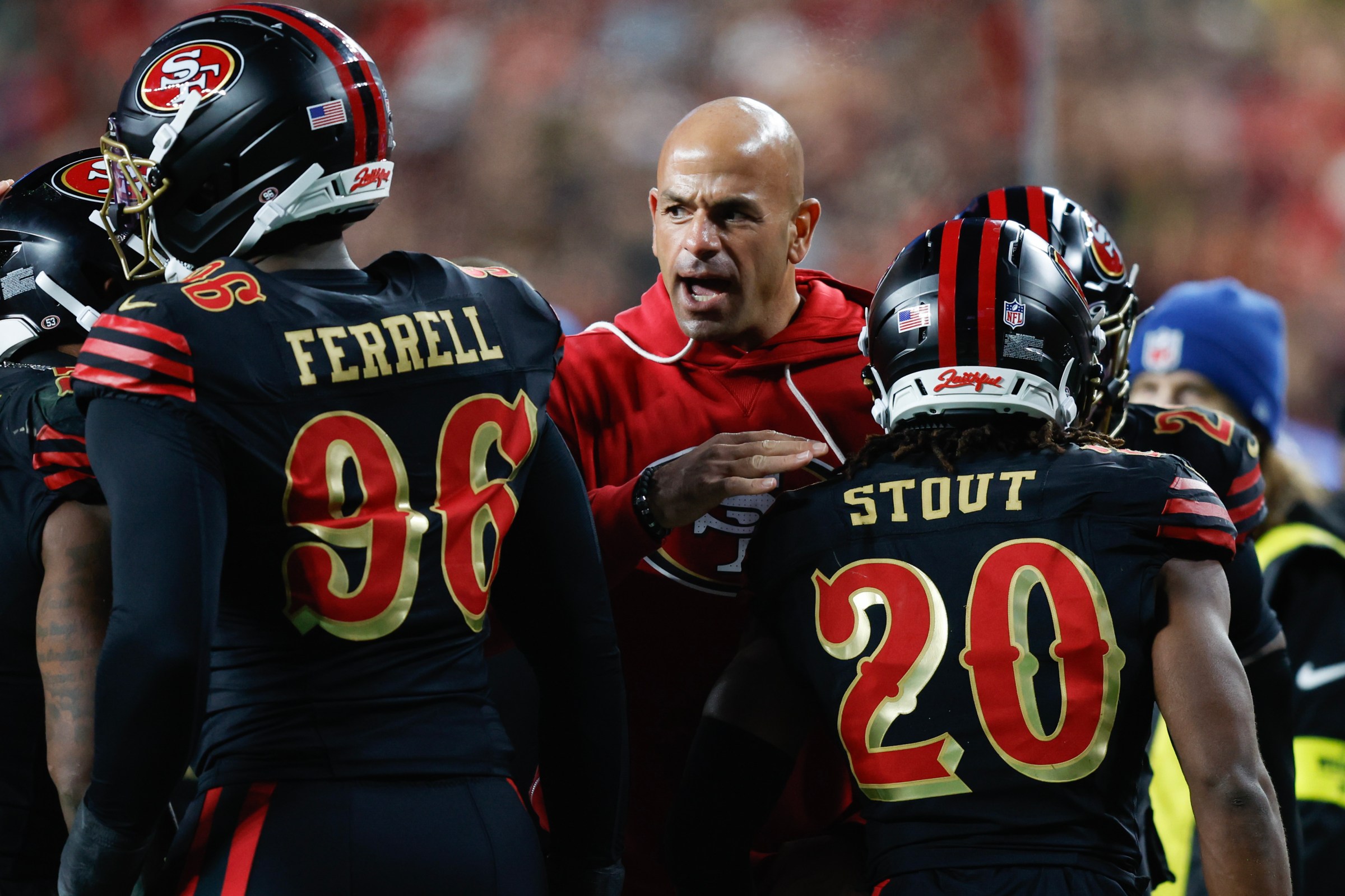 SANTA CLARA, CALIFORNIA - JANUARY 03: Defensive Coordinator Robert Saleh of the San Francisco 49ers reacts during the first quarter of a game against the Seattle Seahawks at Levi’s Stadium on January 03, 2026 in Santa Clara, California. (Photo by Lachlan Cunningham/Getty Images)