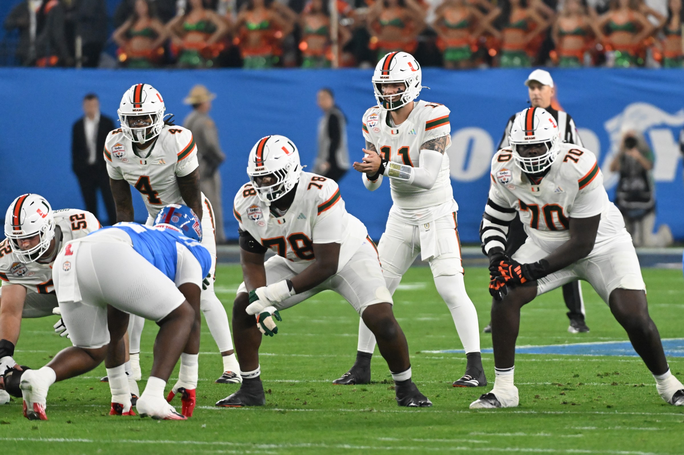 GLENDALE, ARIZONA - JANUARY 08: Carson Beck #11 of the Miami Hurricanes gets ready to take a shotgun snap against the Ole Miss Rebels during the 2025 College Football Playoff Semifinal at the VRBO Fiesta Bowl at State Farm Stadium on January 08, 2026 in Glendale, Arizona. (Photo by Norm Hall/Getty Images)